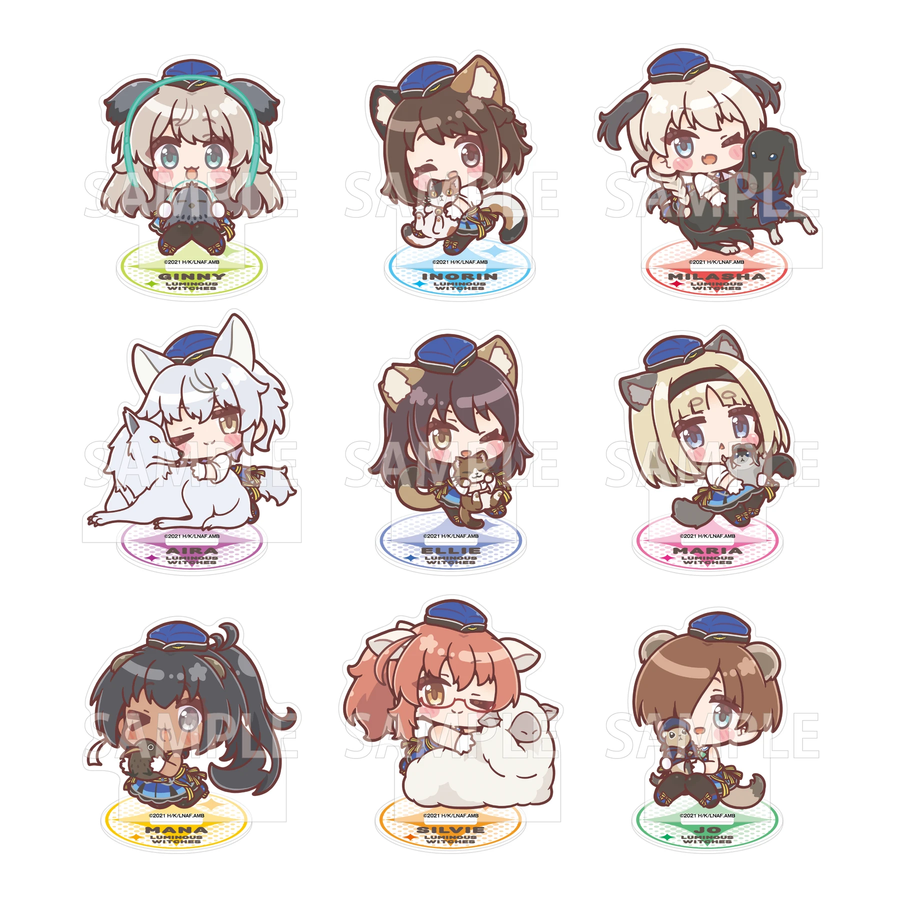 トレーディングアクリルスタンドフィギュア・ミニキャラver.の9人の絵柄見本