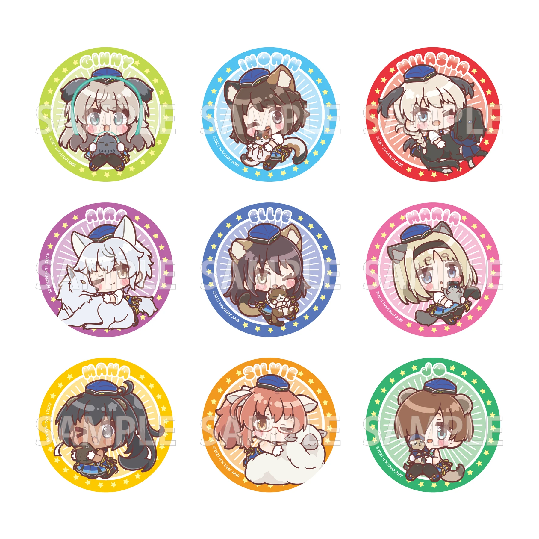 トレーディング缶バッジ・ミニキャラver.の9人の絵柄見本