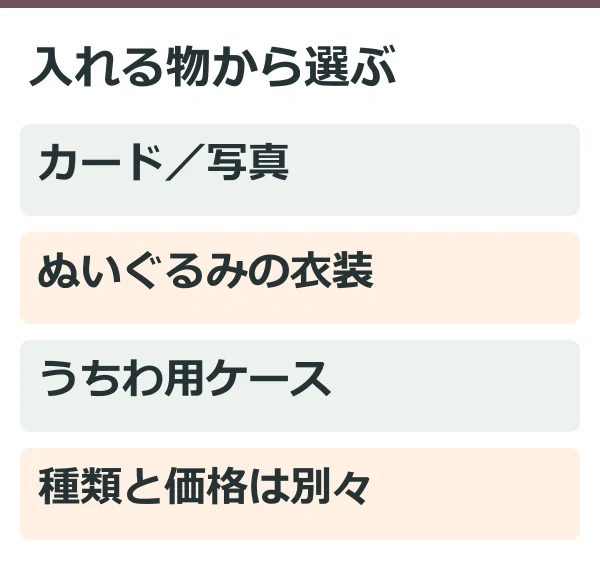 入れる物から選ぶ（公式情報を整理した独自説明図）