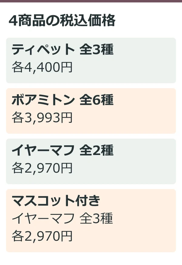 4商品の税込価格(公式情報を整理した独自説明図)