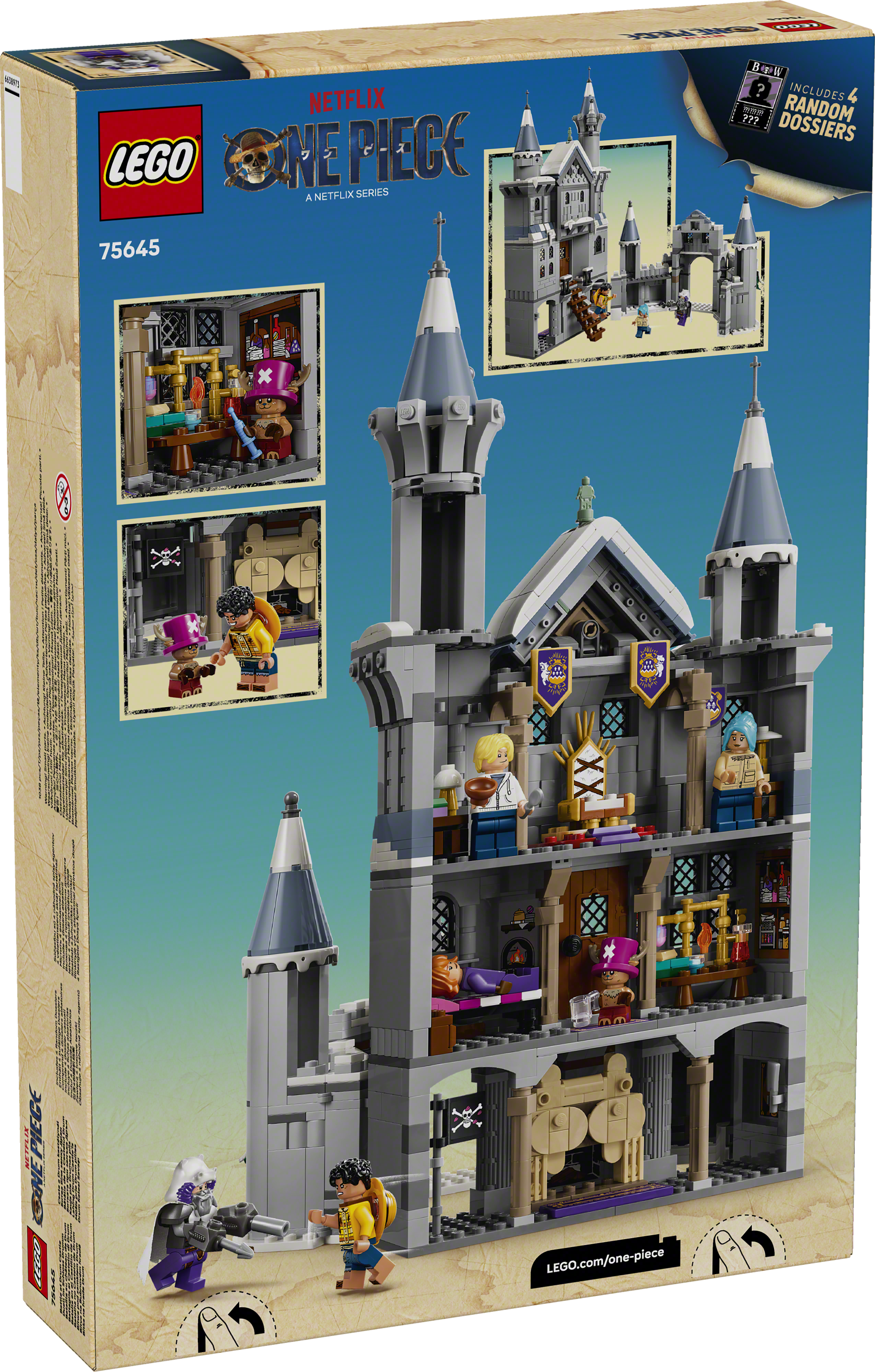 箱背面。開いた城と4 RANDOM DOSSIERSの表示。 画像:レゴグループ公式ニュースルーム/©2026 The LEGO Group