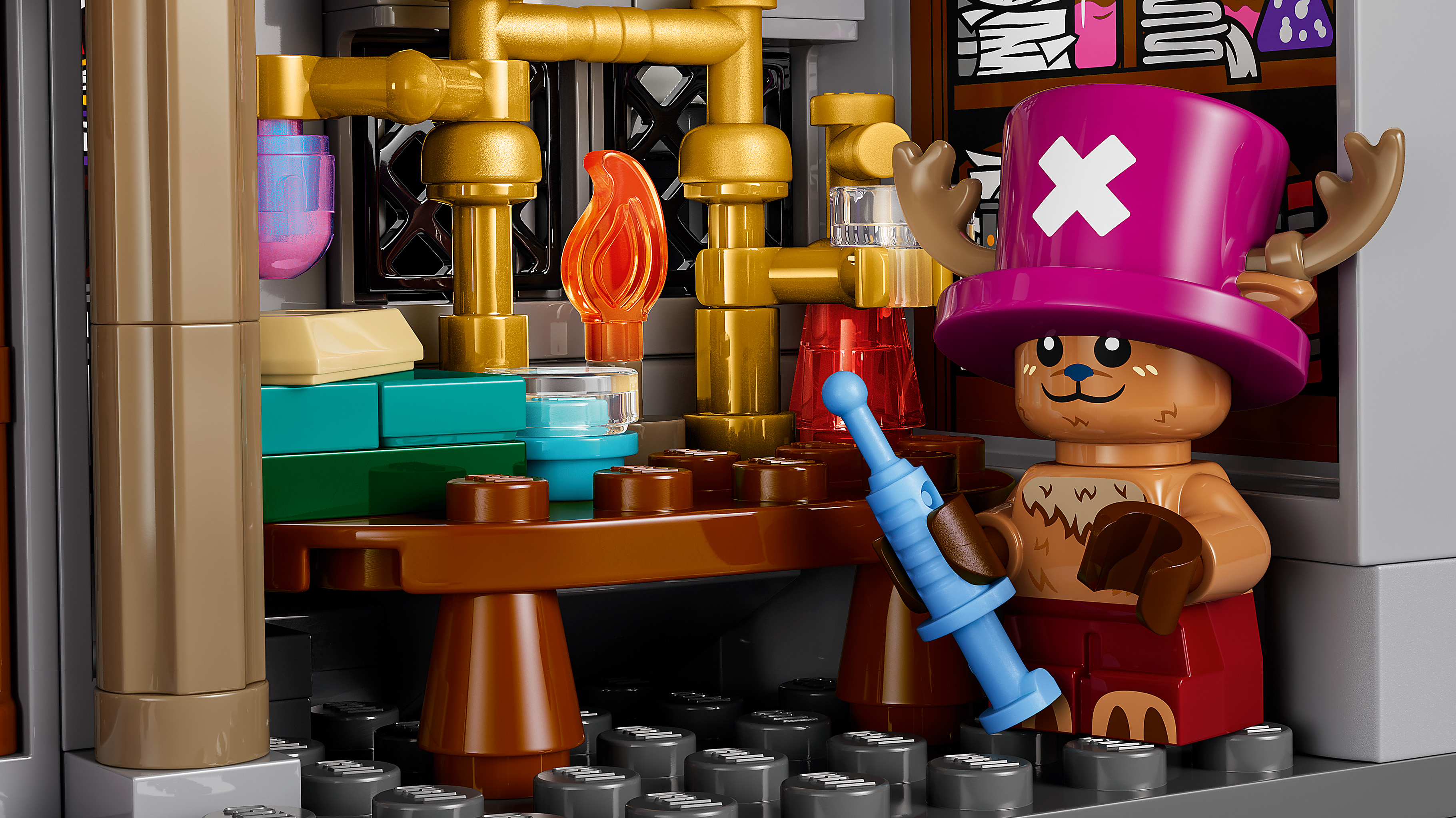 チョッパーのミニフィギュアと研究室の小物。 画像:レゴグループ公式ニュースルーム/©2026 The LEGO Group