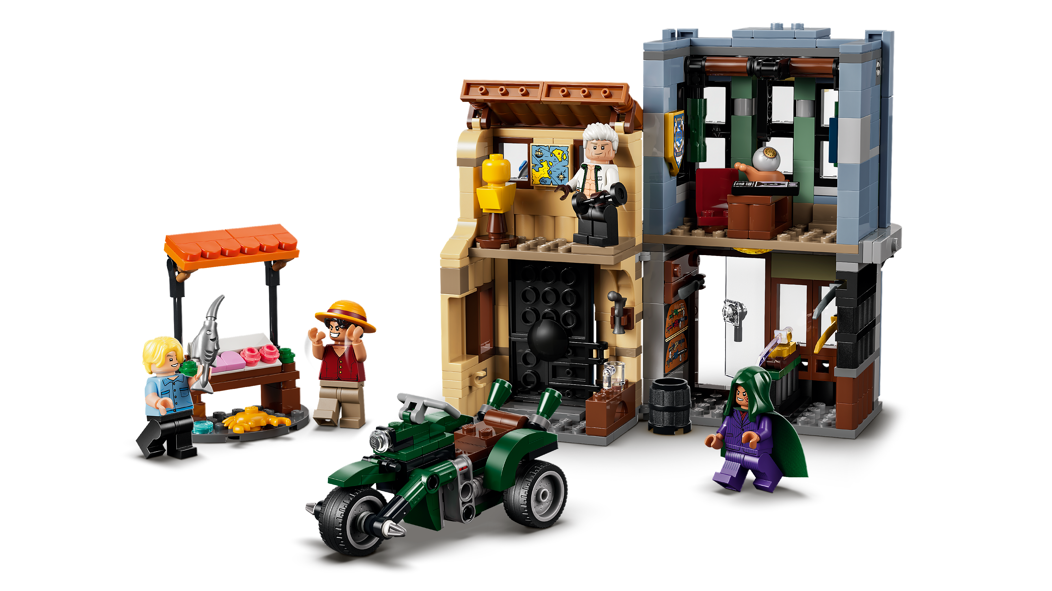 建物背面の室内と魚屋、バイクの別角度。 画像：レゴグループ公式ニュースルーム／©2026 The LEGO Group
